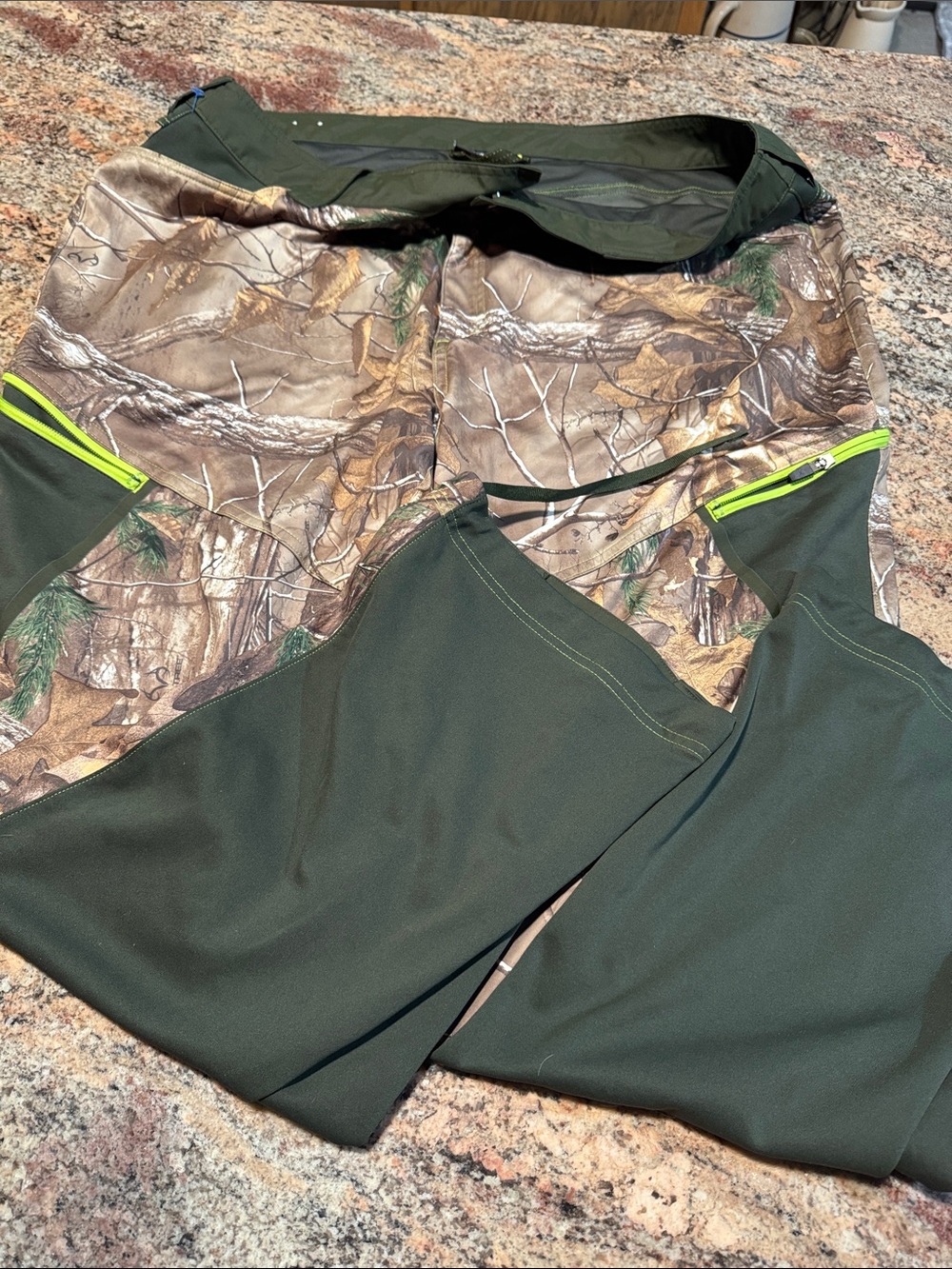 Camouflage Hunting Pants with Olive Panels and Hi-Vis Zippers